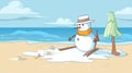 a skiing snowman is melting at the beach, summer is coming, ai generated image