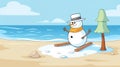 a skiing snowman with wood skiers is melting at the beach, summer is coming, ai generated image