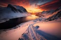 Skiing tracks in the snow in a winter landscape of the north of Norway