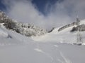 Skiing turns traces on fresh snow. Winter landscape Royalty Free Stock Photo