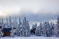 Skiing Under the Fog Chairlifts Snoqualme Pass Washington Royalty Free Stock Photo