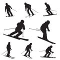 Skiing Vector. Set Of Skier Silhouette In Action. Winter Mountain Fun
