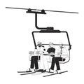 Skiing warm clothing people on chairlift black and white 2D line cartoon characters Royalty Free Stock Photo