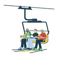 Skiing warm clothing people on chairlift 2D linear cartoon characters