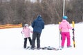 Skiing, winter, ski lesson - family skiing. Royalty Free Stock Photo