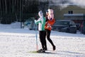 Skiing, winter, ski lesson - skiers on mountainside . Russia Berezniki 11 March 2018 . Royalty Free Stock Photo