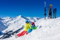 Skiing, winter, snow, sun and fun - kids, boy and girl having fun in the Alps. Child skiing in the mountains. Royalty Free Stock Photo