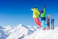 Skiing, winter, snow, sun and fun - kids, boy and girl jumping and having fun in the Alps. Child skiing in the mountains Royalty Free Stock Photo