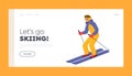 Skiing Winter Sport Landing Page Template. Young Woman Wearing Warm Sportive Costume and Goggles Going Downhill Royalty Free Stock Photo