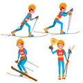 Skiing Young Man Player Vector. Man. Ski Resort. Skiing In The Mountains. Flat Athlete Cartoon Illustration