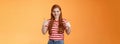 Skilful good-looking redhead motivated girl, pointing herself, indicate fingers chest, bragging joyfully smiling