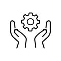 Skill ability icon. Skilled employee. Gear and hand symbol of talents abilities. Leadership capability, competency outline style.