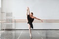 Skill ballet dancer shows stretching in class Royalty Free Stock Photo