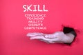 SKILL. Experience, Training, Growth and Competence concept. Hand on a paper background