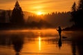 Skilled angler capturing sizable fish using spinning rod in flowing river, fishing scene