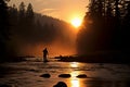 Skilled angler reeling in a sizable catch from the flowing waters of a river using a spinning rod