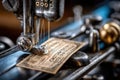 Vintage sewing machine stitching a delicate fabric with intricate details in a workshop setting Royalty Free Stock Photo