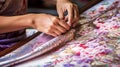 Skilled artisans weave intricate designs in Thai silk production.AI Generated