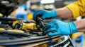 Skilled auto mechanic s hands performing car repairs in a specialized service center