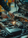 Auto mechanic working on a car engine in a busy workshop during daytime sparks flying as tools are used for repairs Royalty Free Stock Photo