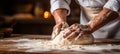 Skilled baker kneading dough in bakery for bread baking blurred background with copy space