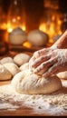 Skilled baker kneading dough for bread in bakery with blurred background bright photo