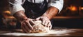 Skilled baker kneading dough for bread baking in rustic bakery, blurred background, bright photo