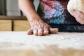 Skilled baker woman kneading dough. Professional bakery concep Royalty Free Stock Photo