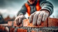 A skilled bricklayer carefully placing bricks with precision, hard at work on a new construction. Royalty Free Stock Photo