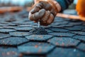 Close-up of a Builder Hand Nailing a Shingle on a Patterned Roof, Expert Roof Installation with Precision Royalty Free Stock Photo