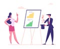 Skilled Businessman Wizard Demonstrate to Businesswoman Magical Trick with Rabbit and Top Hat front of Chart Board