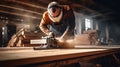 Skilled Carpenter at Work in a Dusty Workshop. Generative ai Royalty Free Stock Photo