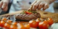 Culinary Ballet: Master Chef Slicing Steak on Wooden Board