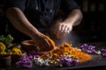 A skilled chef sprinkling ground curcuma over a dish, adding a burst of color and flavor to the cuisine. Generative AI