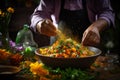 A skilled chef sprinkling ground curcuma over a dish, adding a burst of color and flavor to the cuisine. Generative AI