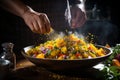 A skilled chef sprinkling ground curcuma over a dish, adding a burst of color and flavor to the cuisine. Generative AI