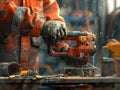 Skilled Construction Worker Using Power Tools for a Job, Close Up of Hands Holding a Drill, Construction Site, Industrial, Royalty Free Stock Photo