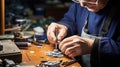 Expert Craftsman Perfecting a Delicate Silver Ring at Wooden Workbench