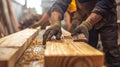 Skilled craftsmen carefully inspecting each piece of lumber checking for knots and other imperfections