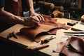 Skilled craftsmen working in a traditional leather workshop, crafting handbags, wallets, and accessories