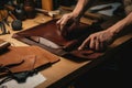 Skilled craftsmen working in a traditional leather workshop, crafting handbags, wallets, and accessories