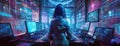 A skilled cyberpunk hacker in a futuristic setting, surrounded by holographic interfaces. Panorama with copy space.