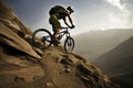 A skilled cyclist rides on a winding path up a mountain