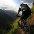 A skilled cyclist rides on a winding path up a mountain