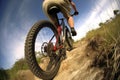 A skilled cyclist rides on a winding path up a mountain