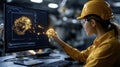 Skilled Engineer in Hard Hat Interacts with Generative AI Neural Network Illustration