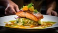 Skilled food stylist beautifully plating and garnishing a meal for restaurant presentation