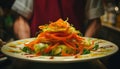 Skilled food stylist meticulously decorating mouthwatering meal for restaurant presentation