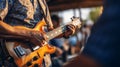 skilled guitarist passionately playing an electric guitar, with fingers strumming the strings and emotions flowing Royalty Free Stock Photo