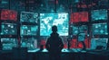 A skilled hacker analyzes data and control systems in a dark environment filled with glowing monitors displaying various